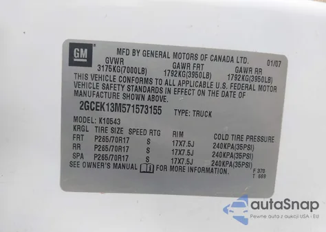 2007 Chevrolet Silverado 1500 Lt1 from USA, damaged, VIN 2GCEK13M571573155